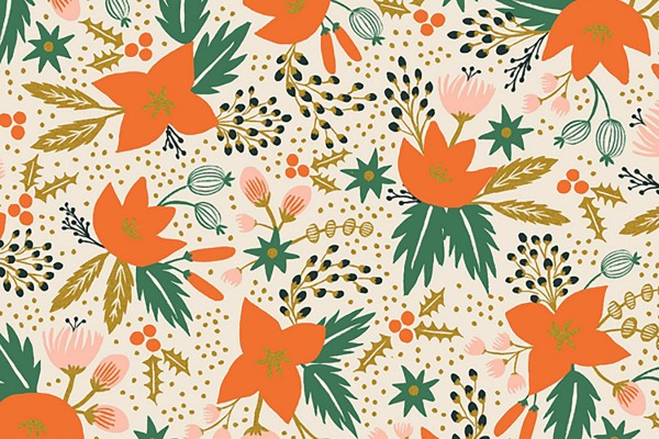 Cotton and Steel Rifle Paper Holiday Classics Poinsettia natural mettalic