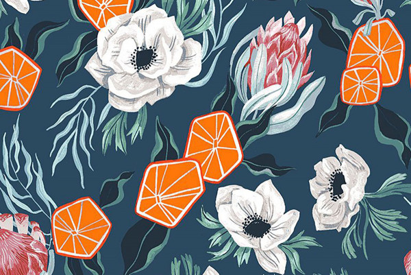 Frosty Forage Rae Ritchie Dear Stella Fabric Floral with Oranges Quartz