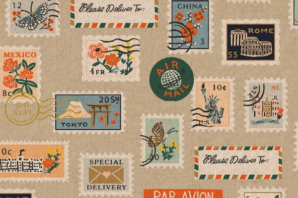 Bon Voyage Rifle Paper Postage Stamps unbleached CANVAS natural metallic